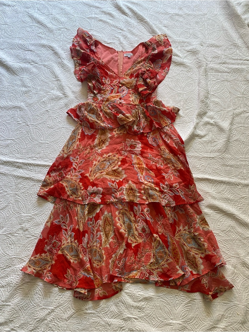 Fate Coral Paisley Ruffle Dress